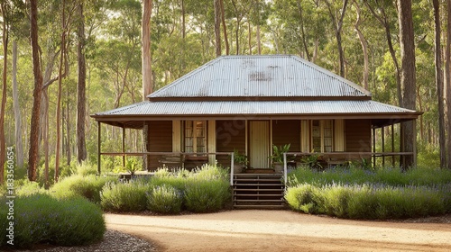 veranda. Charming single-story house with a wide veranda and corrugated roof, surrounded by native shrubs. real-estate listings.