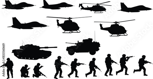 Black Silhouettes of Military Aircraft Tanks and Soldiers in Action fighter jet