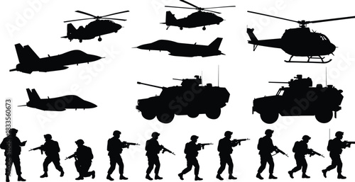 Black silhouettes of military helicopters fighter jets armored vehicles and soldiers vector