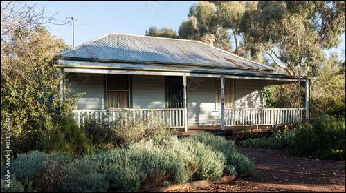 veranda. Charming single-story house with a wide veranda and corrugated roof, surrounded by native shrubs. real-estate listings.