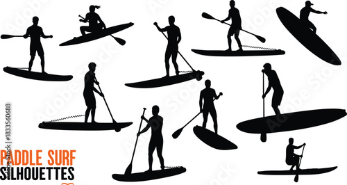 Black silhouettes of people paddleboarding and kayaking on white background stand up paddleboarding