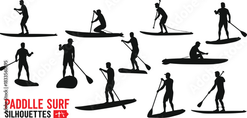 Black silhouettes of people paddleboarding in various poses on white background stand up paddleboarding