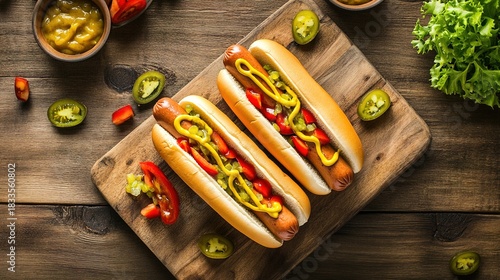streetfood. A classic hot dog with mustard and relish, presented on a wooden board with soft lighting. menu design, packaging mockups, designed for food delivery and cloud-kitchen brand materials.
