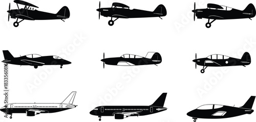 Collection of black silhouette airplanes biplane propeller jet airliner aircraft propeller plane