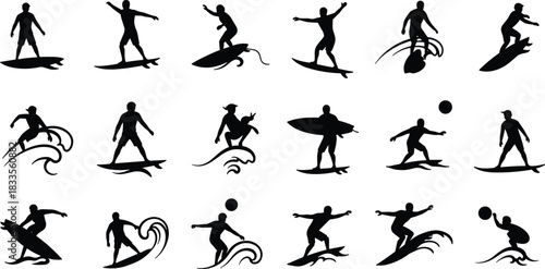 Collection of black silhouette surfers riding waves and standing on surfboards surfing ocean