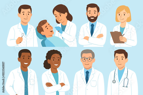 Diverse Group of Medical Professionals and Dentists Caring for Patients.