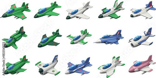 Collection of fifteen cartoon style fighter jets in various colors jet fighter airplane