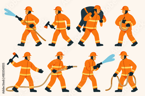 Brave Firefighters in Action with Equipment Extinguishing Fires and Rescuing People.