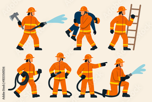 Firefighters in various poses performing rescue and emergency duties.