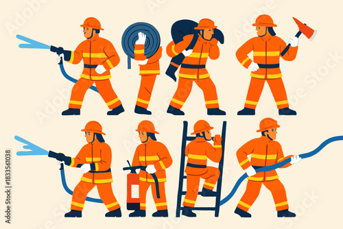 Collection of Firefighters in Various Poses and Actions with Equipment.