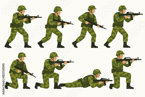 Collection of Soldiers in Various Combat Poses with Rifles.