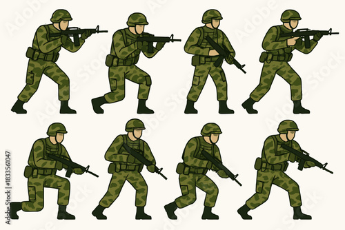 Set of eight soldiers in camouflage uniforms with rifles in various action poses.