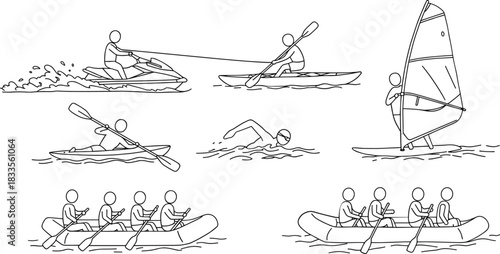 Stick figures enjoying various water sports on a white background kayaking canoeing