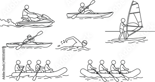 Stick figures enjoying various water sports jet skiing kayaking swimming windsurfing and rowing water activities