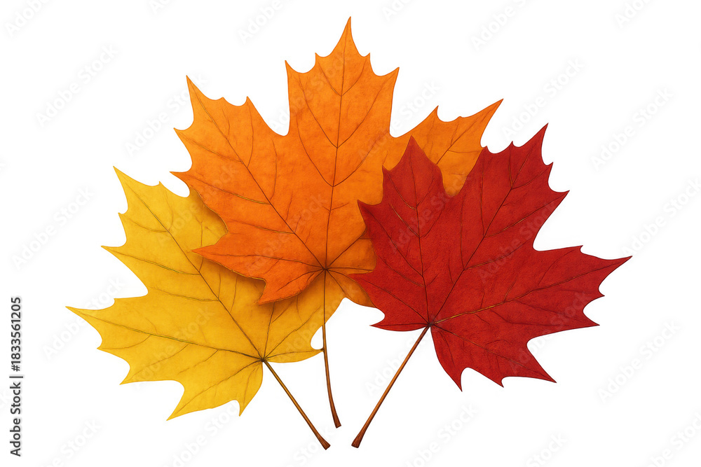 Fototapeta premium Maple leaves showcasing a beautiful palette of red, orange, and yellow autumn colors. Transparent background