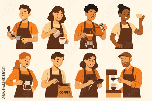 Baristas preparing coffee in various ways, showcasing different brewing methods.