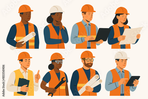 Diverse construction workers in safety vests and hard hats, ready for work.