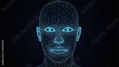 Futuristic artificial intelligence concept with glowing wireframe head.