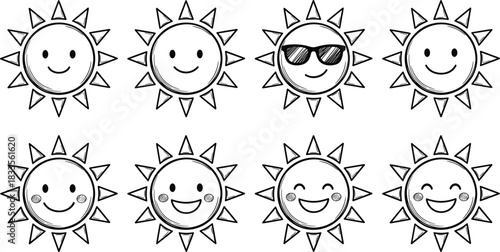 Cute hand drawn sun icons collection featuring smiling faces, sunglasses, happy expressions, sketch style cartoon sunshine illustrations for summer designs