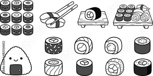 Cute Japanese sushi icons collection featuring kawaii maki rolls, nigiri, onigiri, and assorted sushi platter illustrations in black and white style