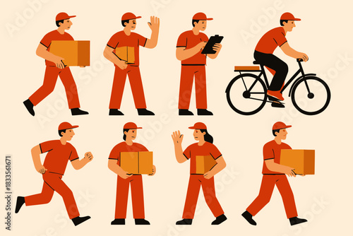 Set of delivery people in various poses, delivering packages and riding a bicycle.