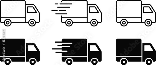 Delivery truck icon set featuring fast shipping symbols, transportation vehicles, logistics fleet graphics, express courier service icons, minimal outline and solid styles