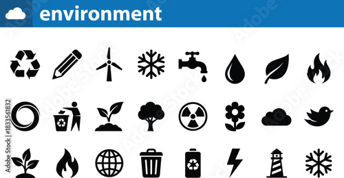 Environment icons set with sustainability symbols, eco conservation graphics, recycling signs, nature elements, green energy illustrations, climate protection design, minimal style