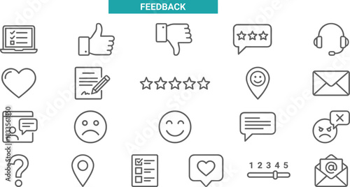 Feedback and review icons set with rating symbols, customer experience elements, communication signs, support tools, satisfaction indicators, evaluation concept graphics