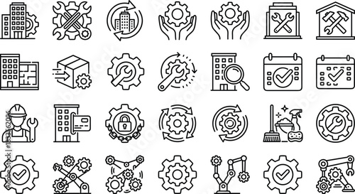 Isometric maintenance and facility management icons showing repair tools, building inspection, automation gears, security, scheduling, and industrial cleaning services, outline style