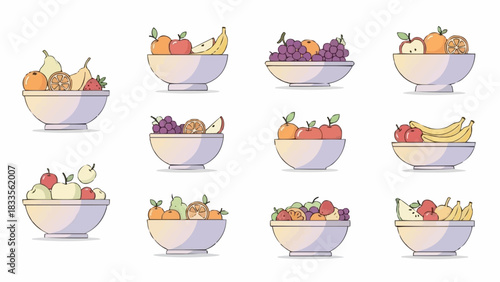 Collection of various fruit bowls filled with fresh and healthy produce.