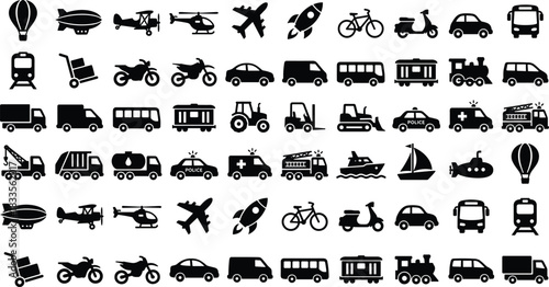 Large collection of transportation icons featuring vehicles, aircraft, ships, trains, bikes, emergency cars, delivery trucks, silhouette travel symbols, vector set