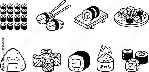 Japanese sushi icon collection featuring maki rolls, nigiri, onigiri, and cute cartoon food illustrations in black and white line style