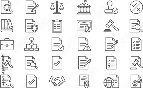 Legal document and compliance icon set with law symbols, paperwork verification, certification, contract review, business governance, office administration illustrations
