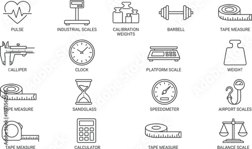 Measurement and weighing tool icons featuring scales, tape measures, calculator, clock, barbell, speedometer, sandglass, balance scale, and calibration equipment
