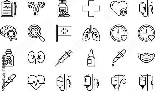 Medical healthcare line icon set featuring treatment symbols, hospital equipment, diagnostics, patient care, medication, anatomy elements, emergency support and wellness graphics
