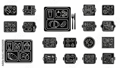 Collection of various meal trays with different food items and utensils.