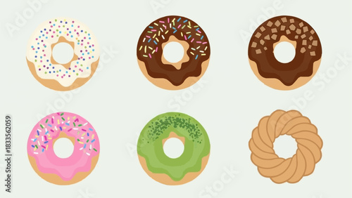 Collection of Six Delicious and Colorful Donuts with Various Toppings.