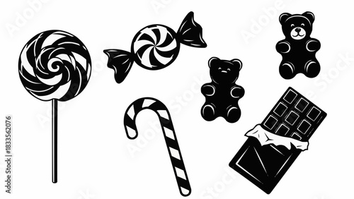 Black and white graphic set of assorted candy illustrations.