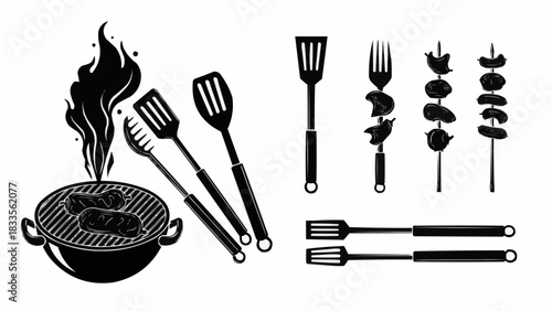 Barbecue Grill with Skewers and Utensils Illustration.