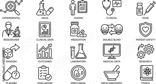 Medical research and clinical trial icon set featuring laboratory science symbols, drug development, medication data, diagnostics, evaluation and patient safety illustrations