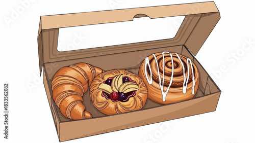 Cardboard box filled with assorted pastries including a croissant a danish and a cinnamon roll.