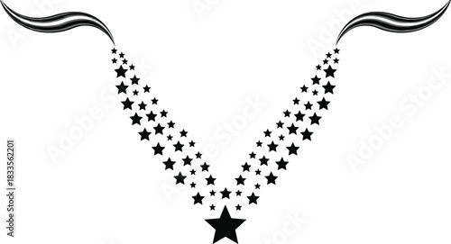 Black stars falling from grey and black wavy lines on white background falling stars shooting star