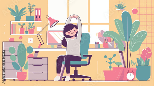 Man Stretching at Office Desk: Remote Work Wellness Illustration