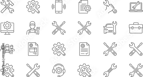 Professional repair service tools icon set illustrating maintenance support, mechanic equipment, technical assistance, hardware tools, automotive service and digital repair concepts