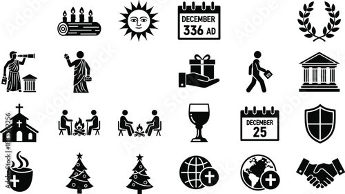 Collection of black and white icons depicting historical figures religious symbols and celebrations icon set