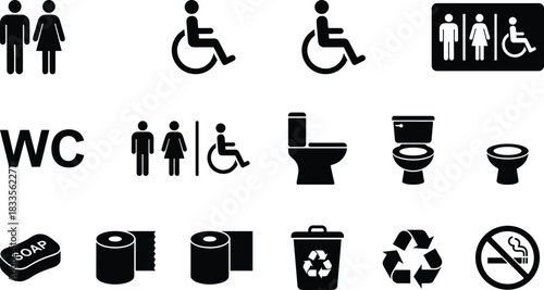 Restroom and hygiene icon set featuring toilet symbols, wheelchair accessibility signs, soap, recycling, and no-smoking graphics for public facilities