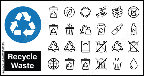 Recycle waste icon set featuring eco symbols, trash bins, sustainability signs, plastic ban graphics, environmental conservation, reusable and biodegradable waste illustrations