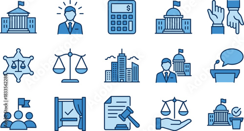 Political and government icons collection illustrating law, justice, voting, public administration, legal system, policymaking, leadership and official civic services
