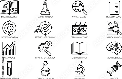 Scientific research and laboratory icons collection illustrating data analysis, experimentation, global research, medical studies, innovation, methodology, chemistry and genetics concepts