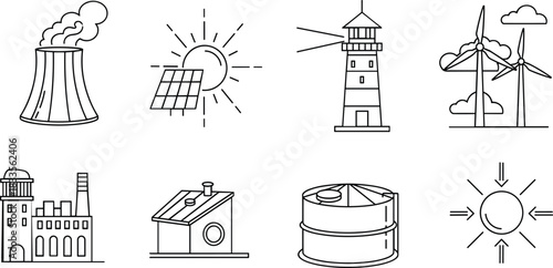 Collection of Industrial and Energy Related Icons in Outline Style industry power